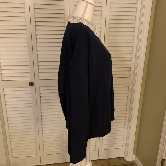 J. Crew Dark Navy Knit Top with White Lace Collar & Wrists Size XXL - Picture 8 of 11